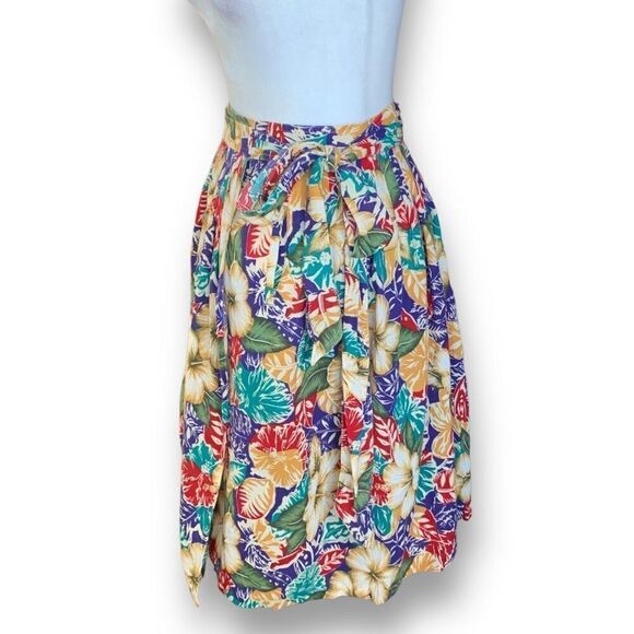 Vintage 90s Petite Skirt Colorful Tropical Hibiscus Floral Midi Wrap Bow Detail - Picture 5 of 10